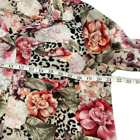 DRESSBARN Blouse Size Large Leopard Print Floral Button Down Long Length Pretty - Picture 8 of 9